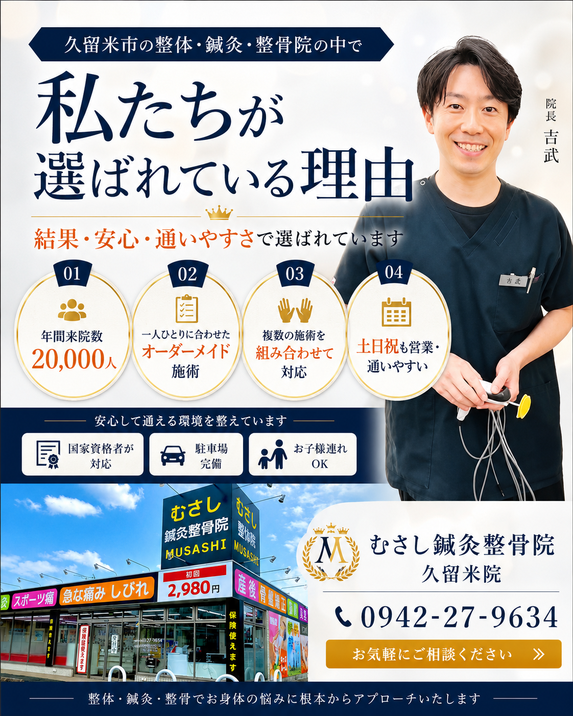 私たちが選ばれている理由。年間来院数20,000人、一人ひとりに合わせた施術、土日祝も営業するむさし久留米院。