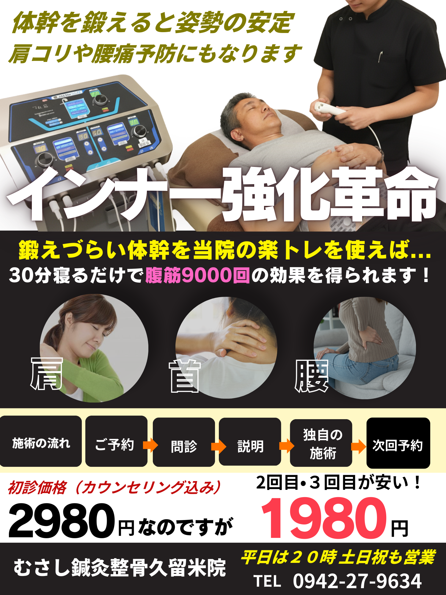 インナー強化革命。むさしの楽トレなら寝ているだけで腹筋９０００回の効果を得ることができるので、ダイエットにも効果的です。